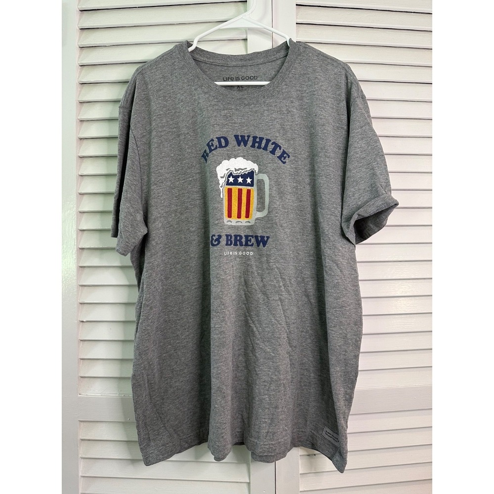 Life is Good Size XL Gray Crusher‎ Tee Red White & Brew Beer T-Shirt